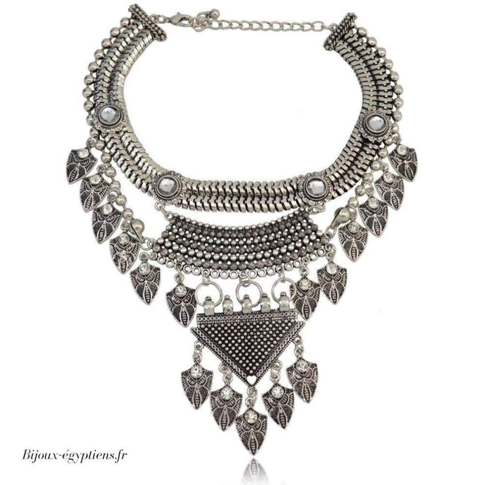 Collier Pectoral Vintage / Théâtre - Métal Bruni Avec Laque/verre Bleu/gris - Bijou D'occasion Unique