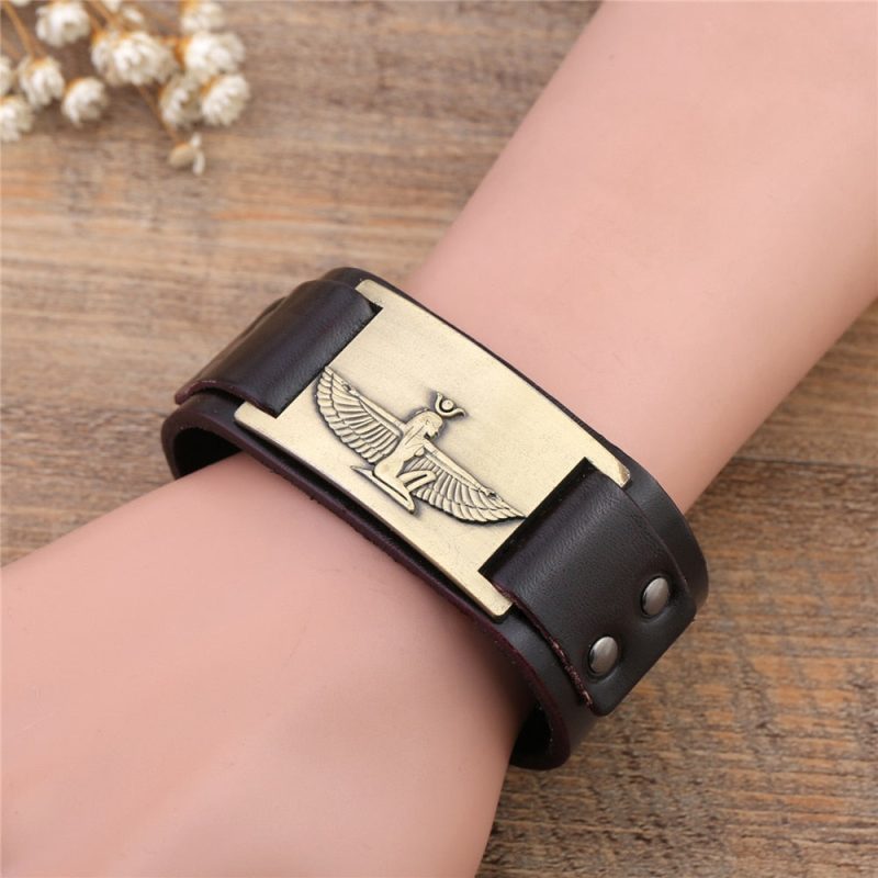 Dawapara Antique Bronze Wristband Egypt Cleopatra Amulet Charms Cuff Bracelets Bangles Vintage Punk Black Brown Strap Jewelry