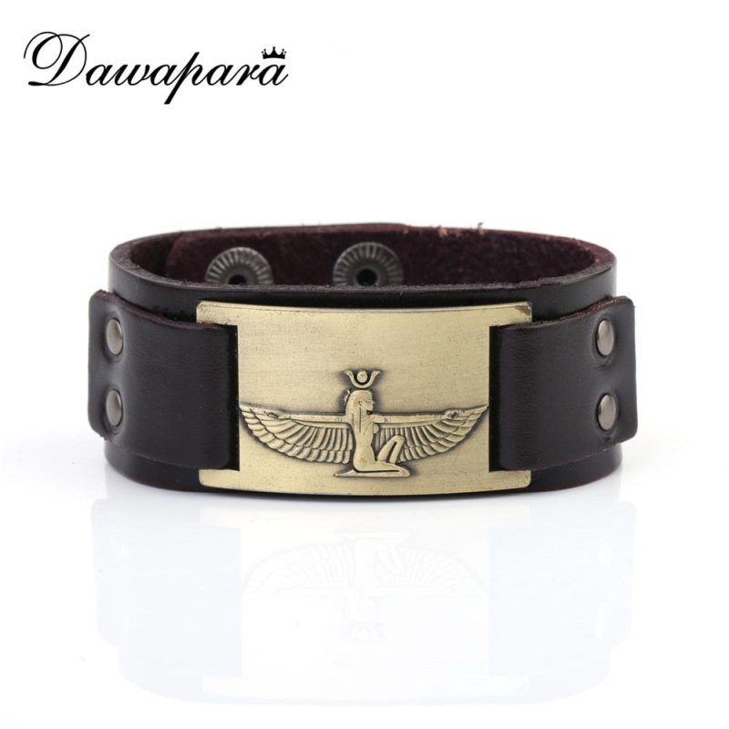 Dawapara Antique Bronze Wristband Egypt Cleopatra Amulet Charms Cuff Bracelets Bangles Vintage Punk Black Brown Strap Jewelry