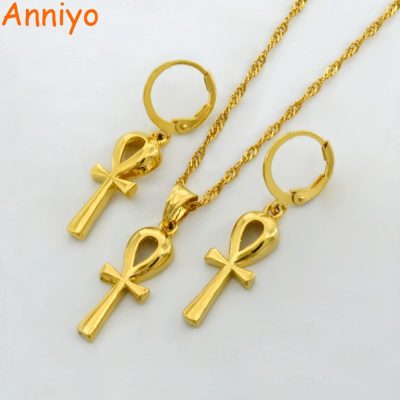 Boucle d'oreille Egyptienne - Anniyo Wholesale Ankh Pendant Chain Earrings Gold Color Egyptian Cross Jewelry Women Egypt Hieroglyphs,Crux Ansata #054902