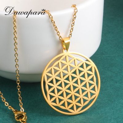 Dawapara Flower of Life Hollow Pendant Necklace Stainless Steel Jewelry for Men Women Talisman Necklaces