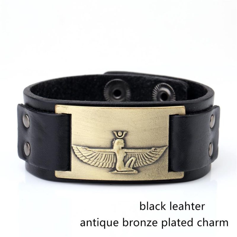 Dawapara Antique Bronze Wristband Egypt Cleopatra Amulet Charms Cuff Bracelets Bangles Vintage Punk Black Brown Strap Jewelry